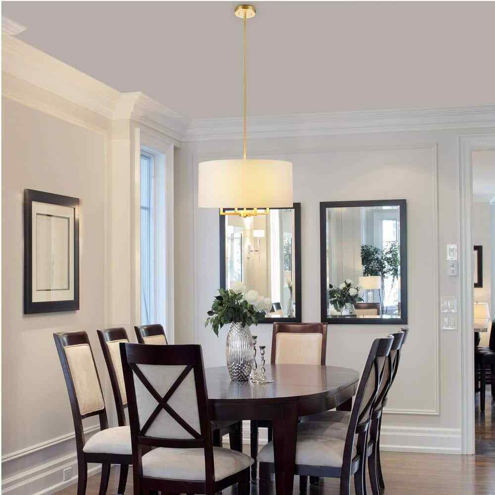 Globe Electric Emery 4-Light Matte Brass Pendant Light with Beige Fabric Shade