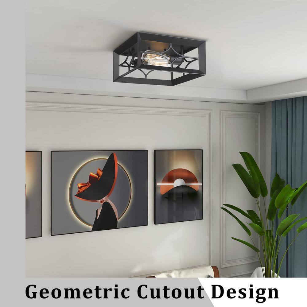 JAZAVA 11.4 in. 2-Light Black Flush Mount Square Ceiling Light