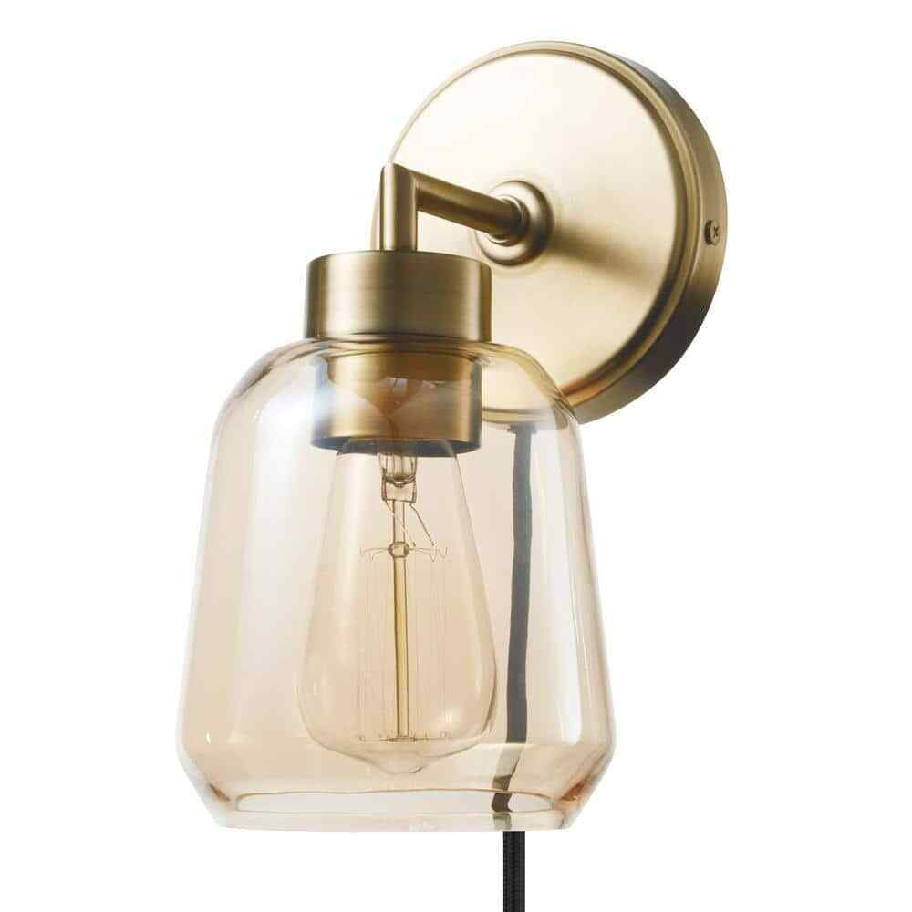 Globe Electric Salma 1-Light Matte Brass Wall Sconce w/ Smoked Amber Glass Shade