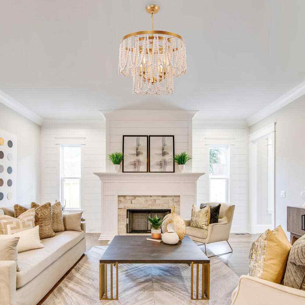 Oaks Aura Champlain Farmhouse 4-Light Golden Finish Bohemia Wood Chandelier