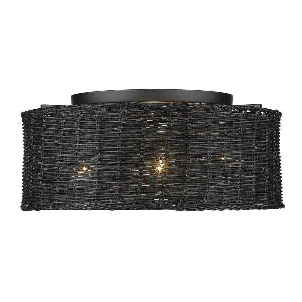 Golden Lighting Erma 3-Light Matte Black Wicker Flush Mount 1084-FM BLK-BW