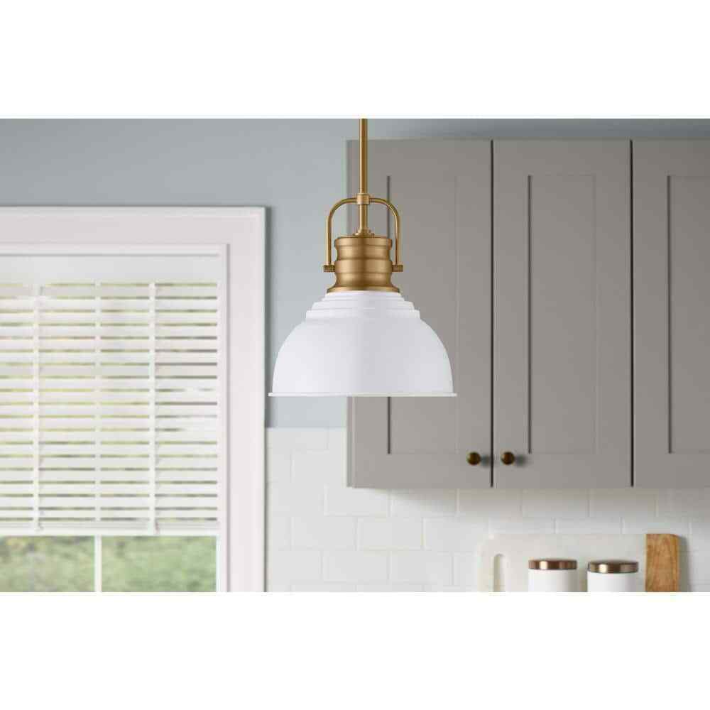 Home Decorators Shelston 10 in. White and Brass Hanging Pendant w/ Metal Shade