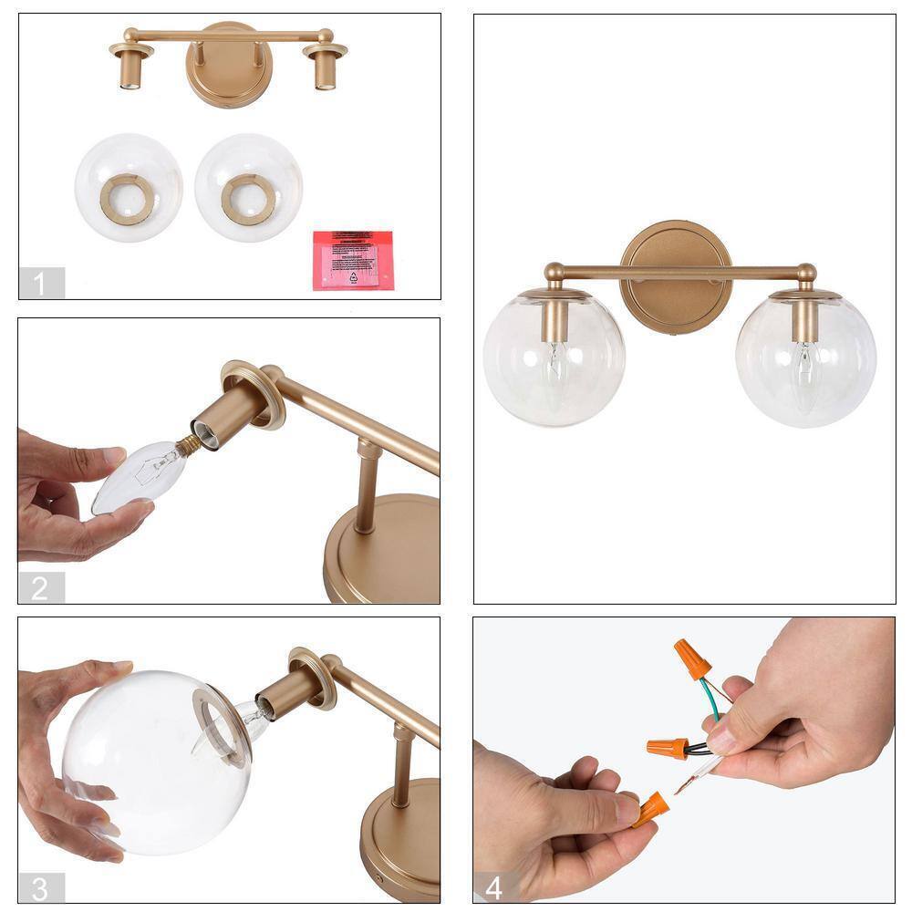 Uolfin Modern Globe Bathroom 2-Light Brass Gold Round Wall Sconce Light