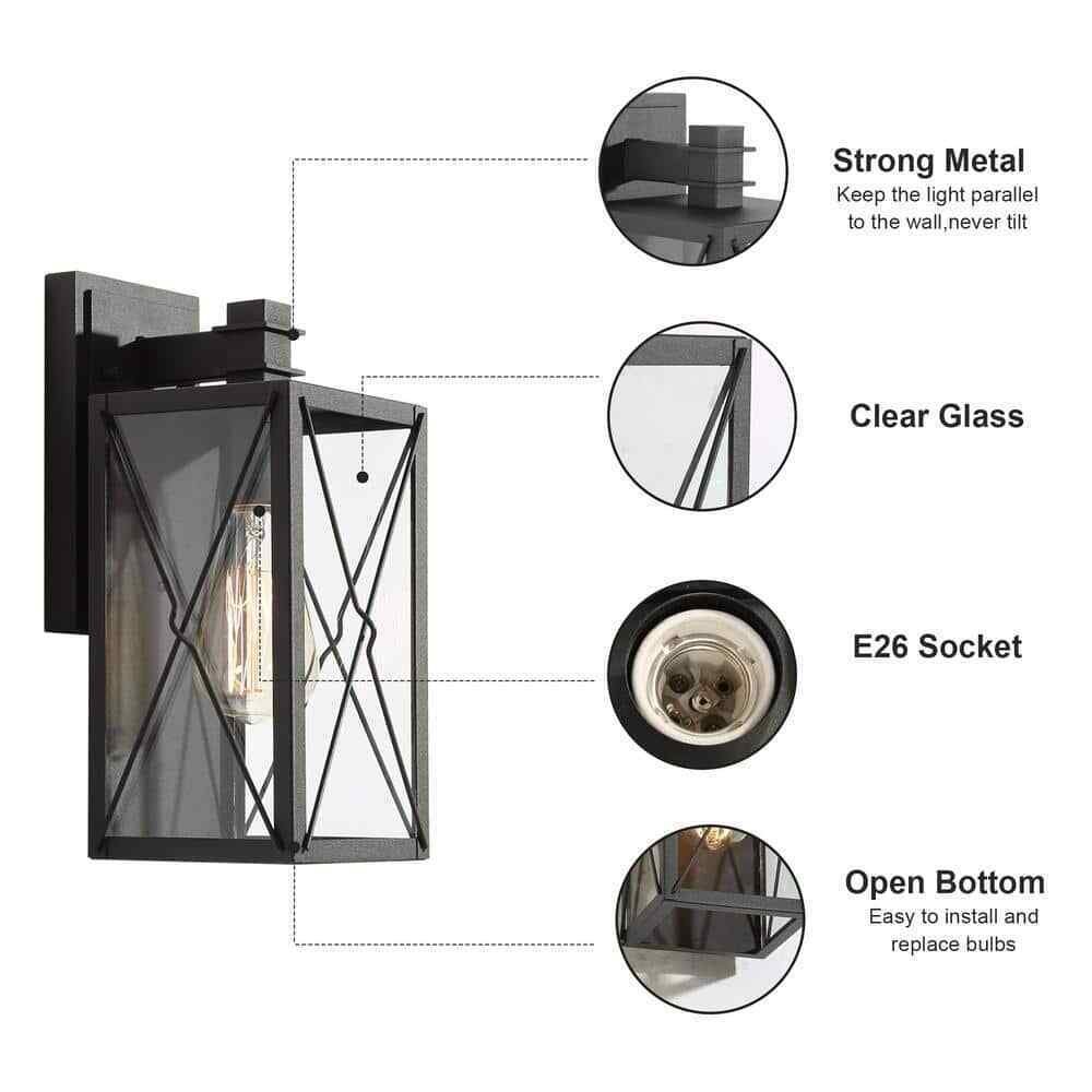 LNC Black Outdoor Wall Lantern Sandy Black w/ Clear Glass Panels