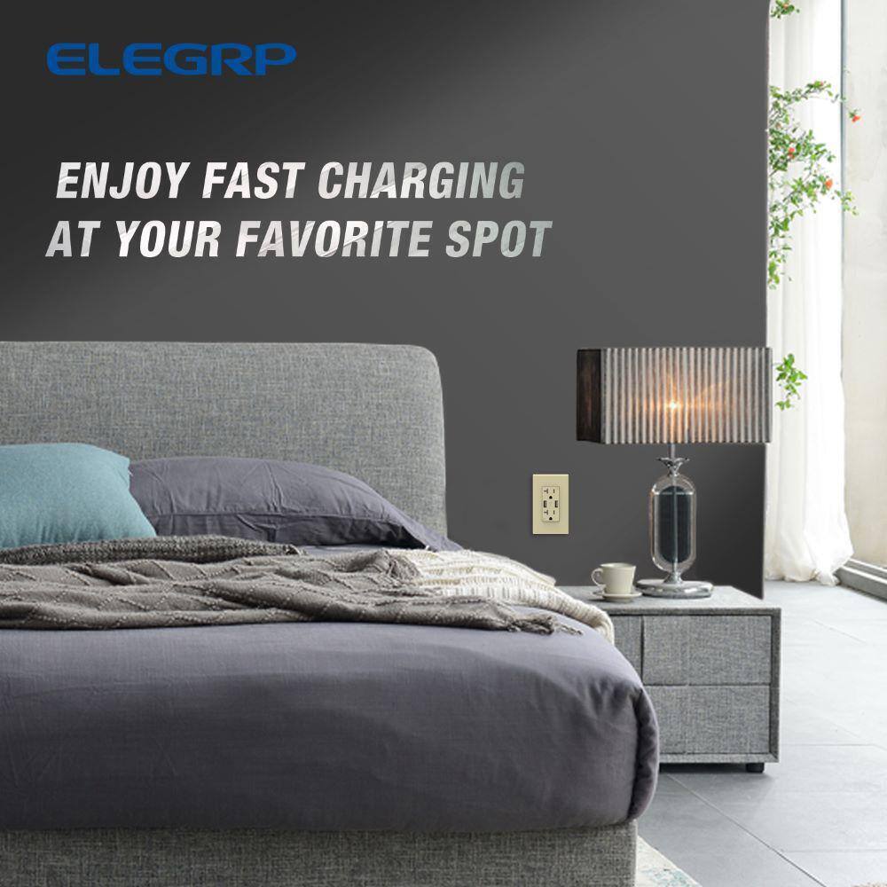 ELEGRP 3.6 Amp USB Dual Type A In-Wall Charger w/ 20 Amp Duplex Ivory 2-Pack