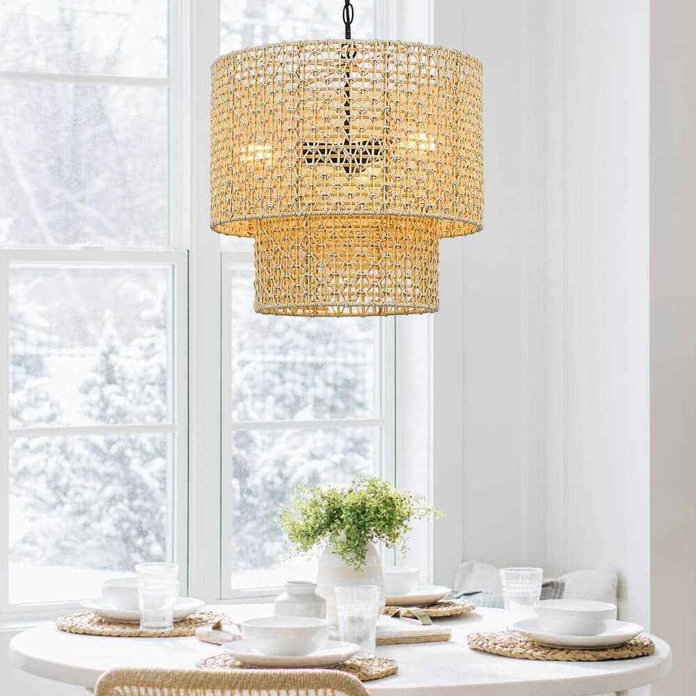 TRUE FINE Bohe 19 in. 4-Light Bohemian Pendant with Natural Rattan Shade