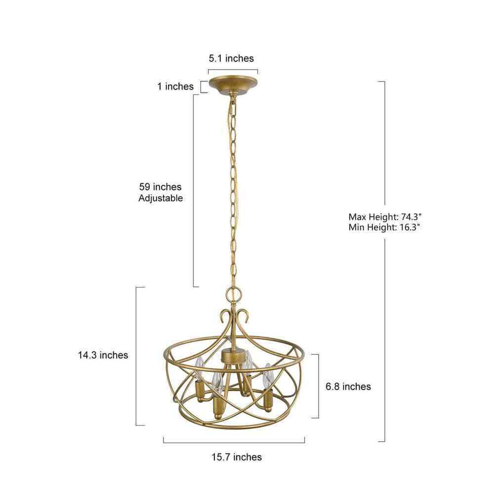 Uolfin Mid-Century Modern Dining Room 4-Light Antique Gold Drum Chandelier