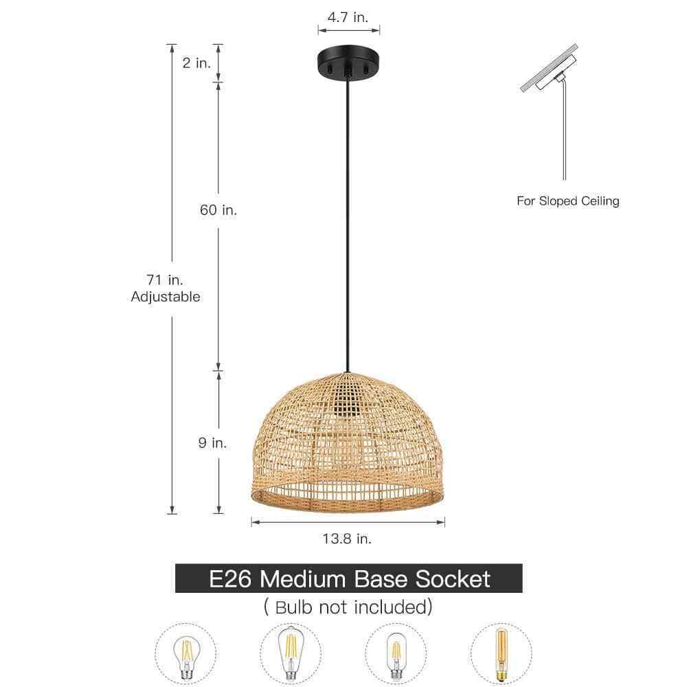 TRUE FINE Bungalo 1-Light Black/Wheat Bohemian Island Pendant w/ Rattan Shade