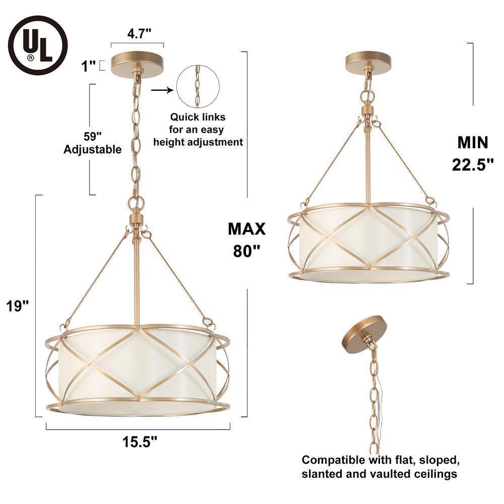 Uolfin Gold Drum 3-Light Modern Farmhouse Cage Chandelier