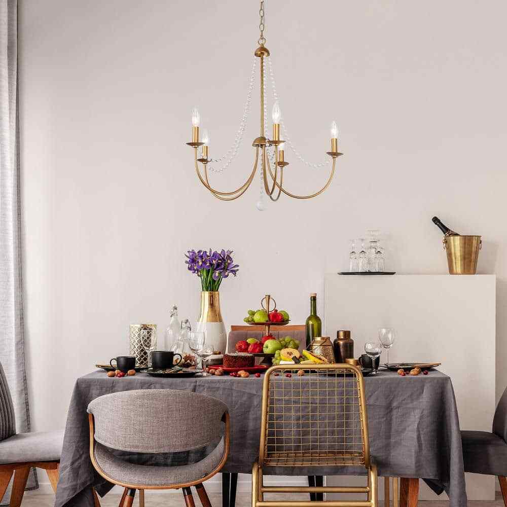 Uolfin Modern Dining Room 5-Light Brushed Gold Candlestick Chandelier
