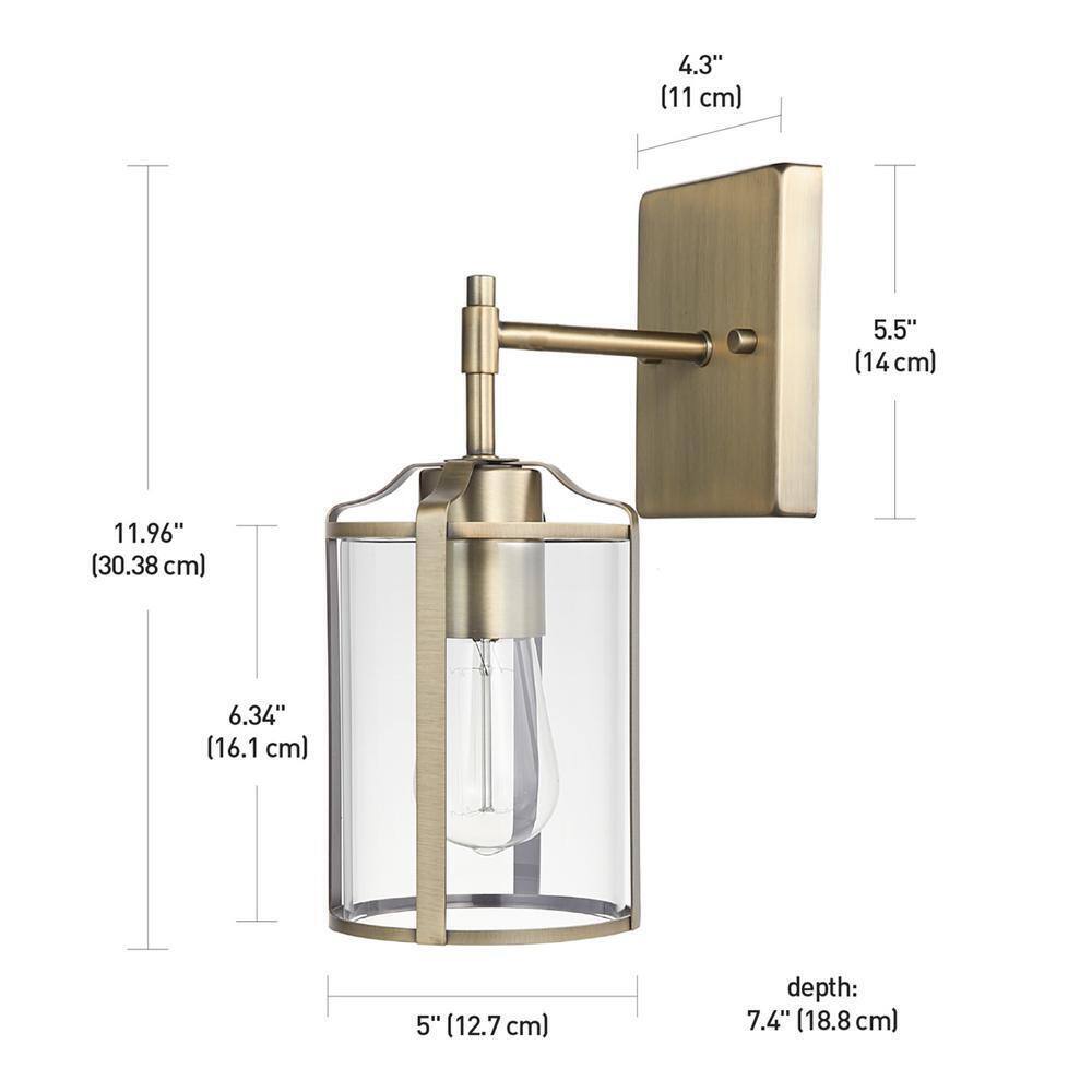 Globe Electric Gretel 1-Light Antique Brass Wall Sconce with Clear Glass Shade