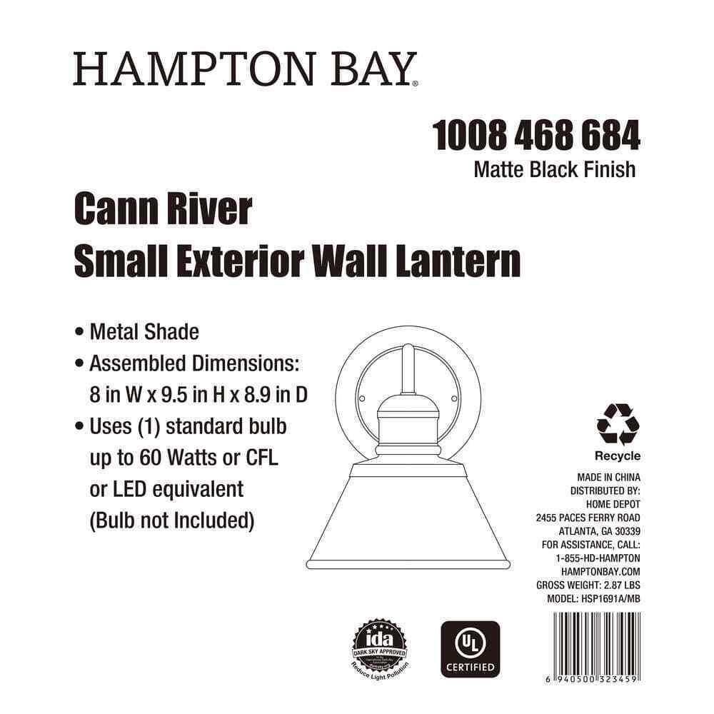 Hampton Bay Cann River 9.5 in. Matte Black Outdoor Wall Lantern Sconce Light