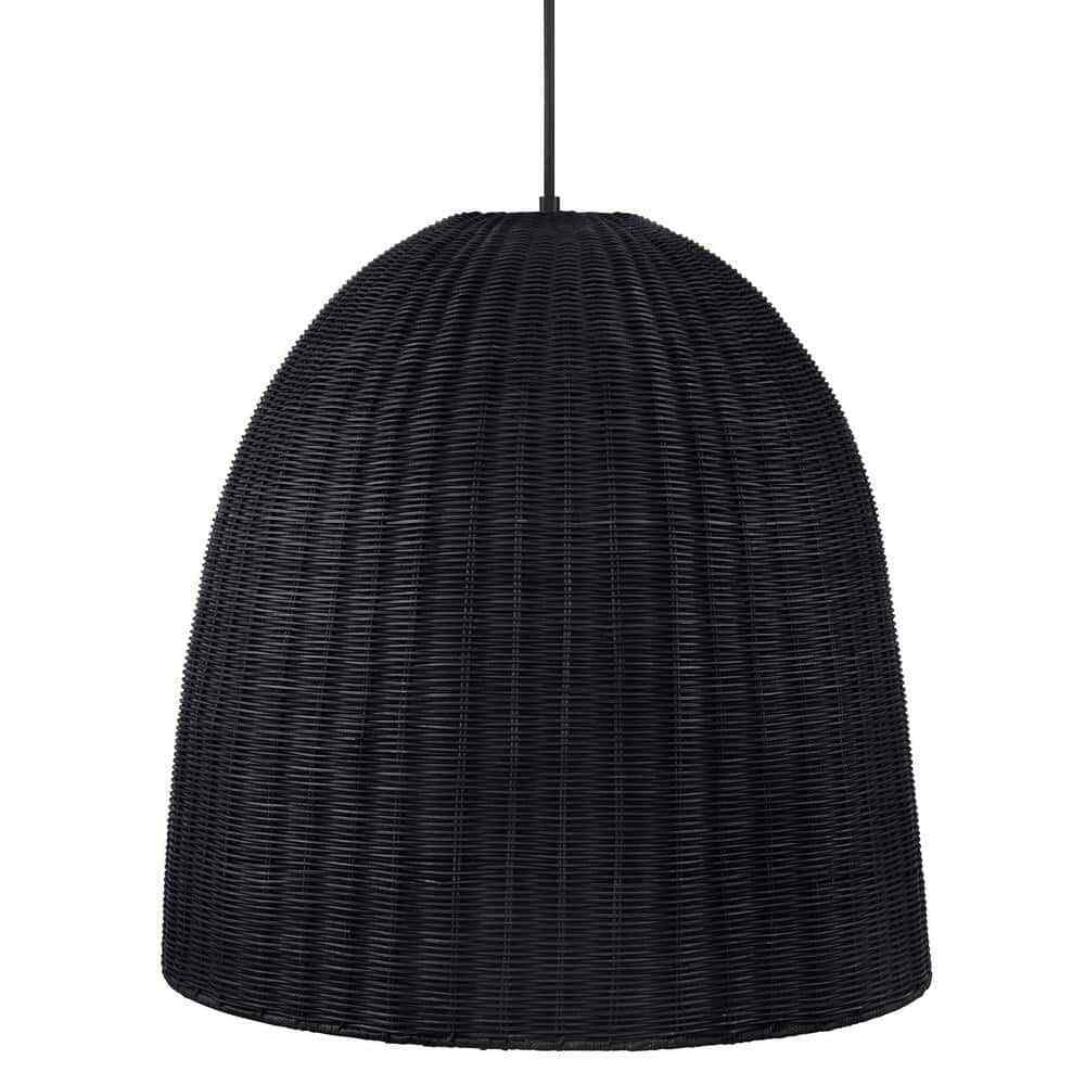 Hampton Bay Highler 1-Light Matte Black Pendant with Matte Black Rattan Shade