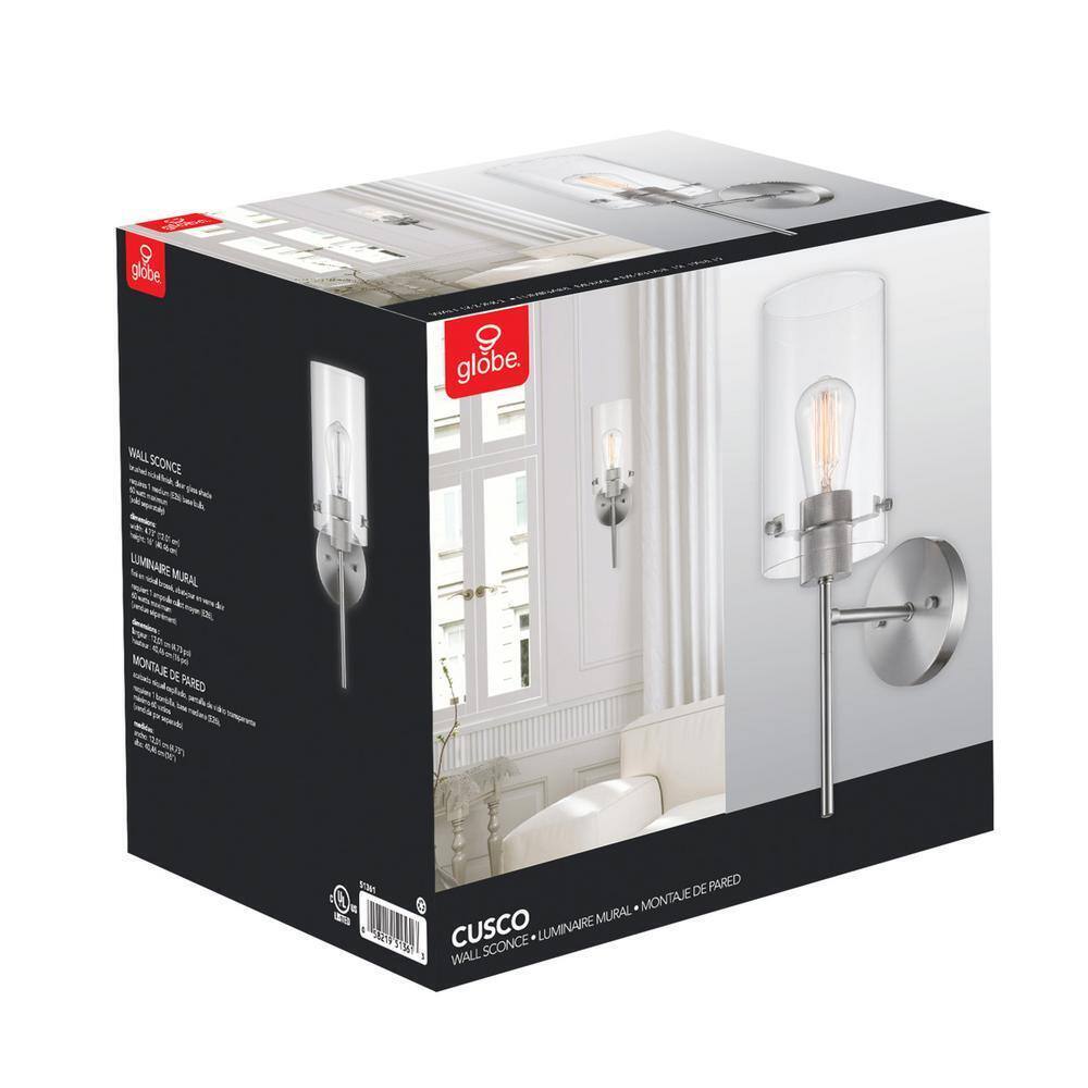 Globe Electric Cusco 1-Light Brushed Nickel Wall Sconce with Clear Glass Shade
