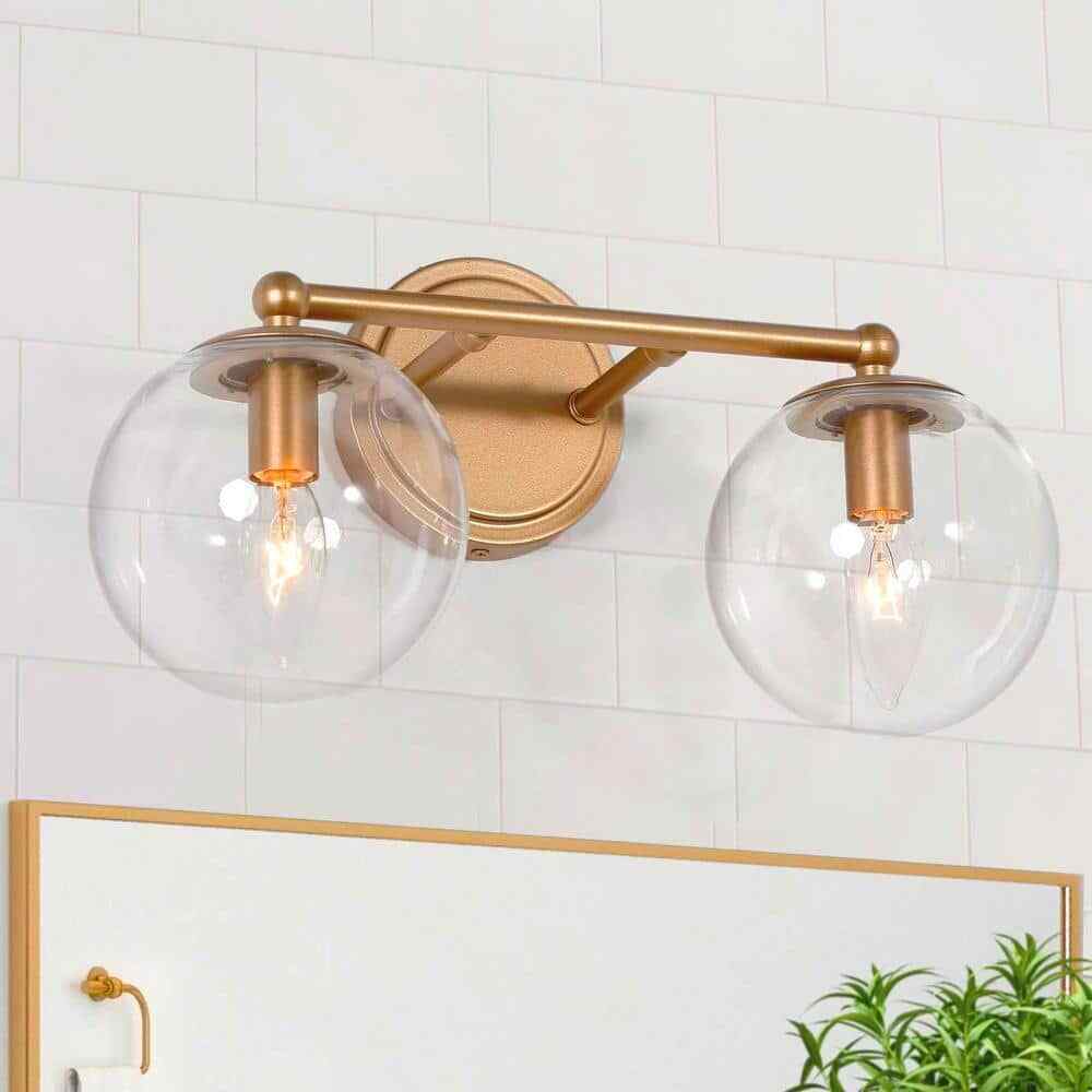 Uolfin Modern Globe Bathroom 2-Light Brass Gold Round Wall Sconce Light