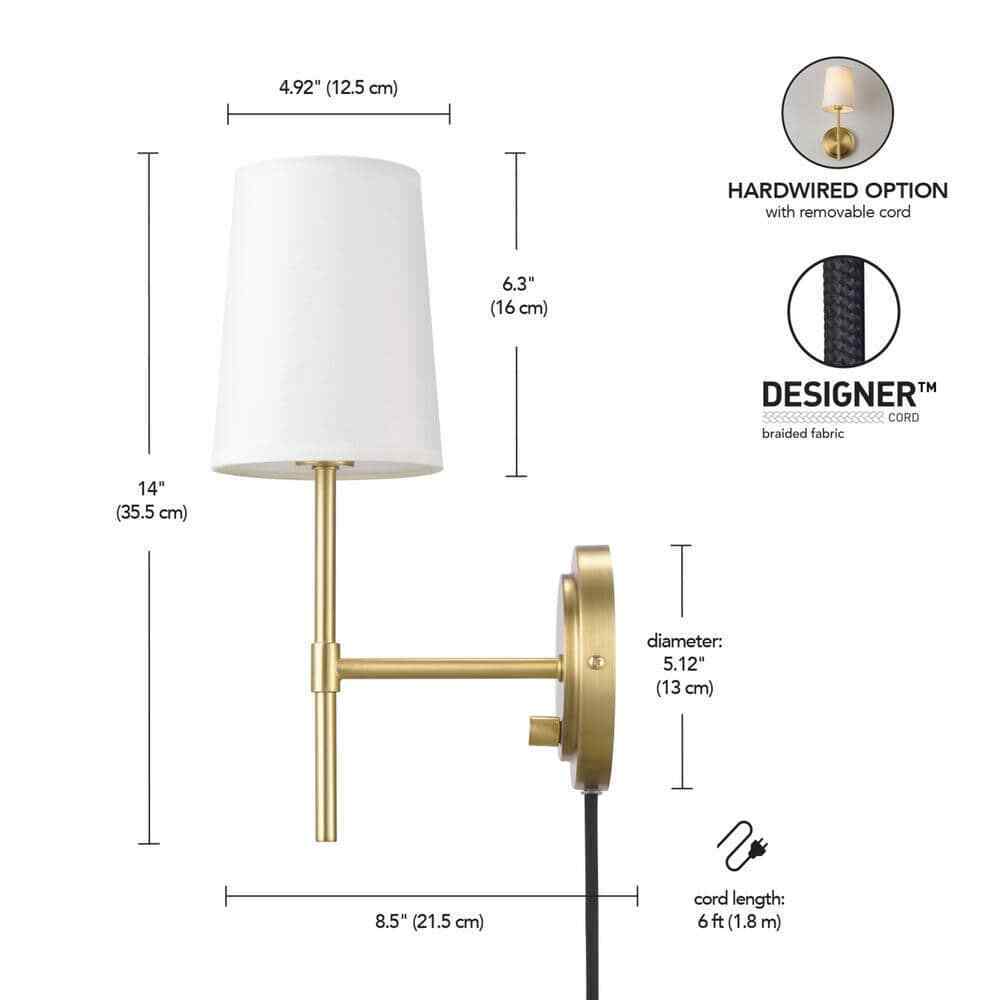 Hampton Bay Ridgeway 1-Light Brass Wall Sconce Plug-in or Hardwire Dimmable