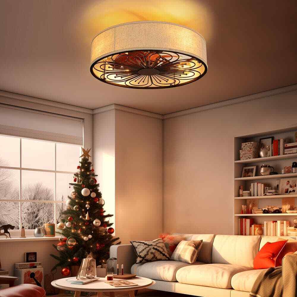TOZING Indoor Bronze Fabric Farmhouse Flush Ceiling Fan w/ Light Kit and Remote