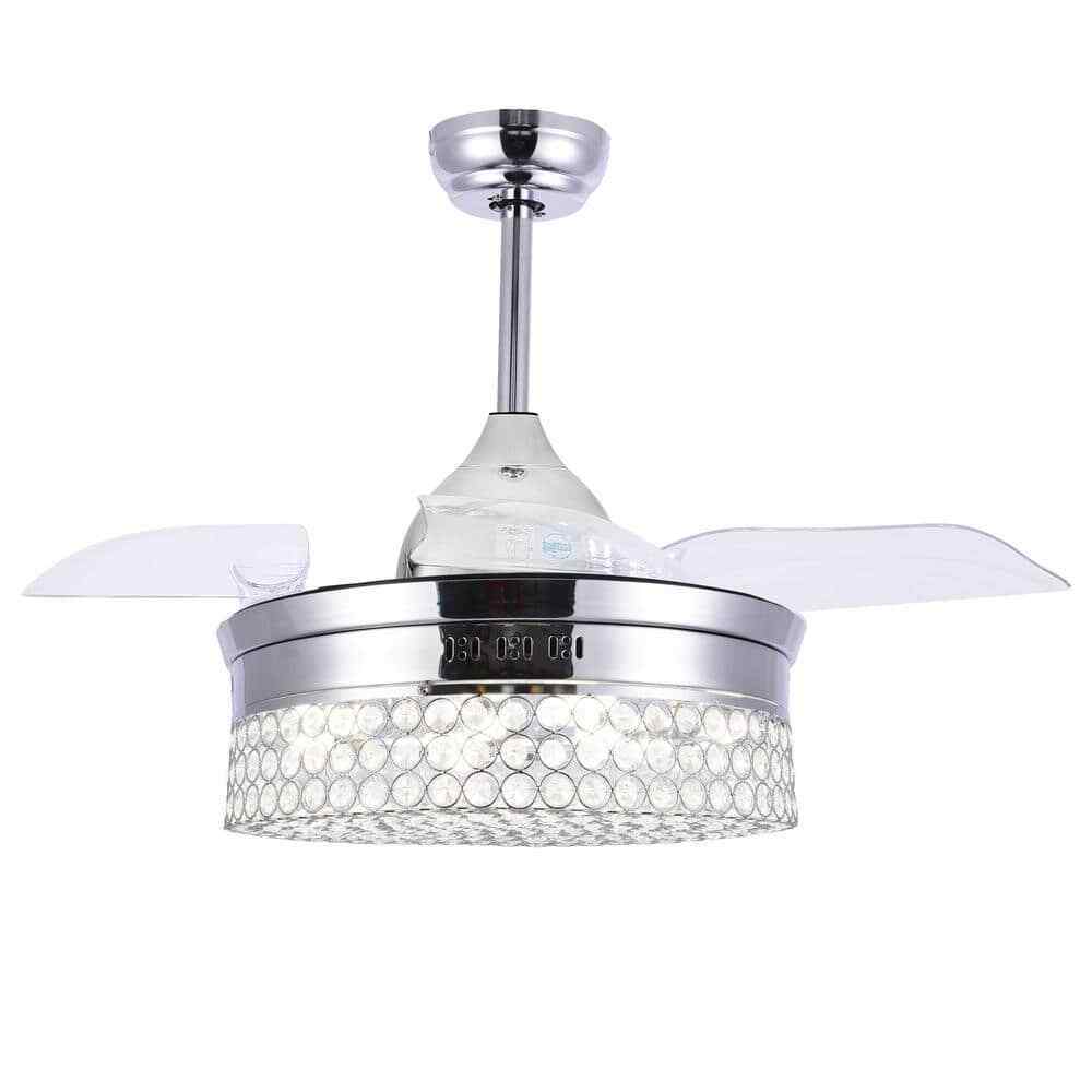 Bella Depot 36 in. LED Indoor Chrome Retractable Crystal Ceiling Fan