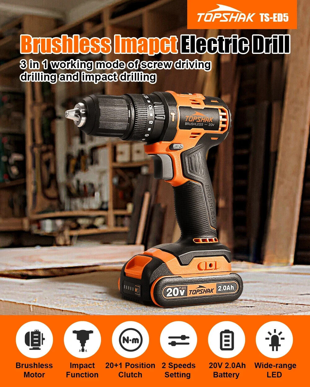 TOPSHAK TS-ED5 20V Li-Ion 1/2 in. Brushless Impact Electric Drill Variable Speed