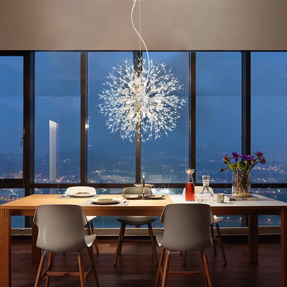 SILJOY 20 in. 9-Light Chrome Crystal Chandelier Ceiling Pendant Starburst