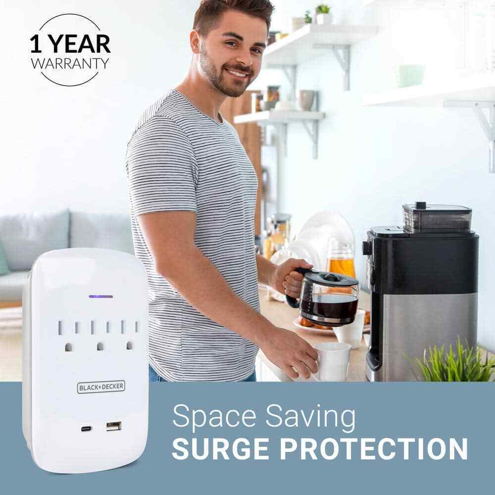 BLACK+DECKER 3 Grounded Outlets Surge Protector Wall Mount USB C Charging Port