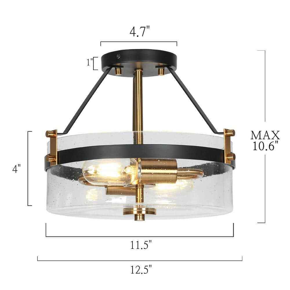 Uolfin Modern Farmhouse Black Semi-Flush Mount 12.5 in. 2-Light Ceiling Fixture