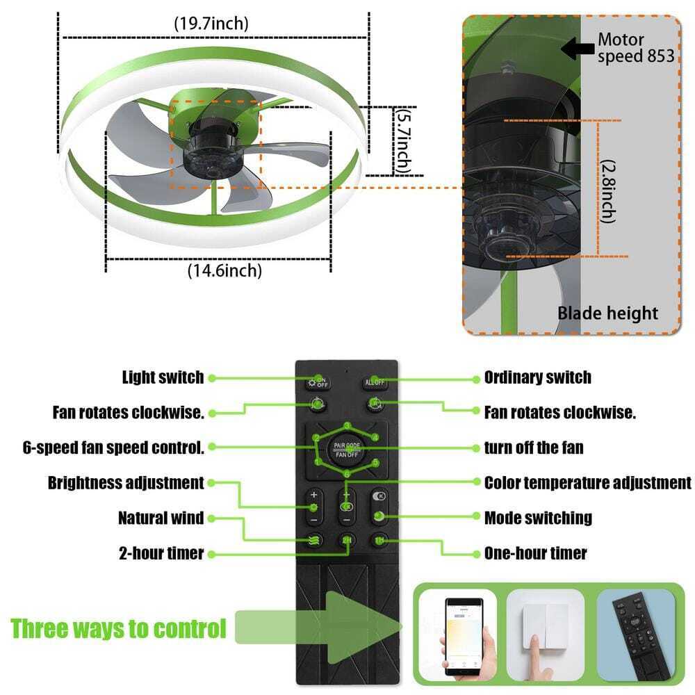 Tidoin LED Indoor Green Smart Ceiling Fan w/ Remote and Reversible Blades