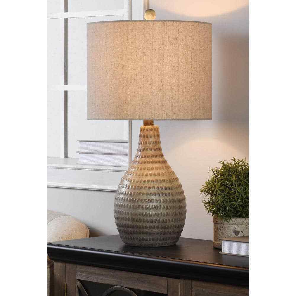 StyleCraft 25.5 in. French Oak Table Lamp with White Hardback Fabric Shade