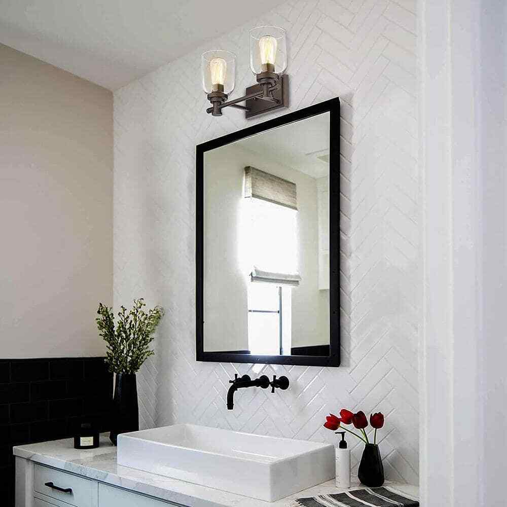JAZAVA 15 in. 2-Light Oil Rubbed Bronze Vanity Light with Clear Glass Shade