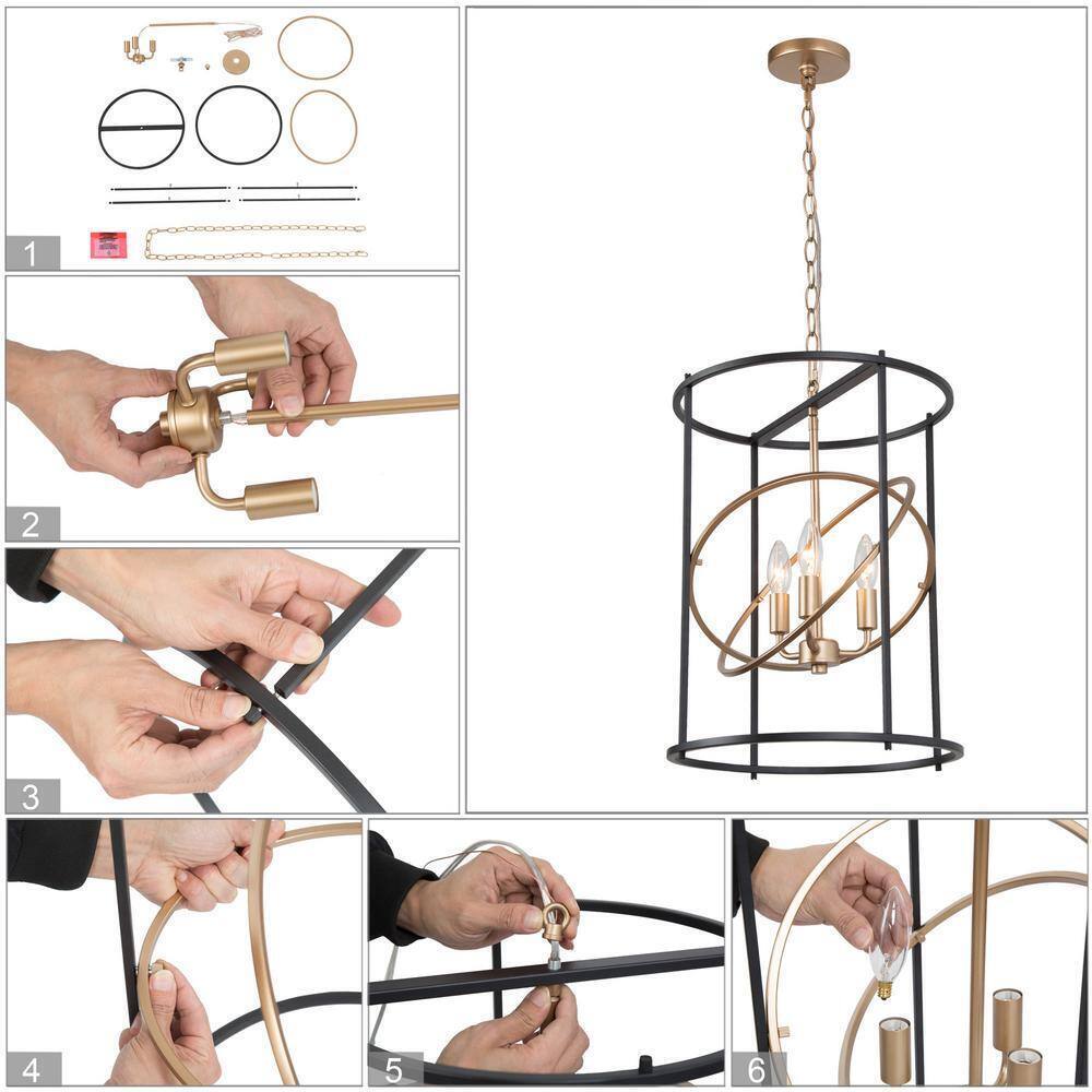 LNC Gold/Black Drum Candlestick 3-Light Transitional Cylinder Cage Pendant Light