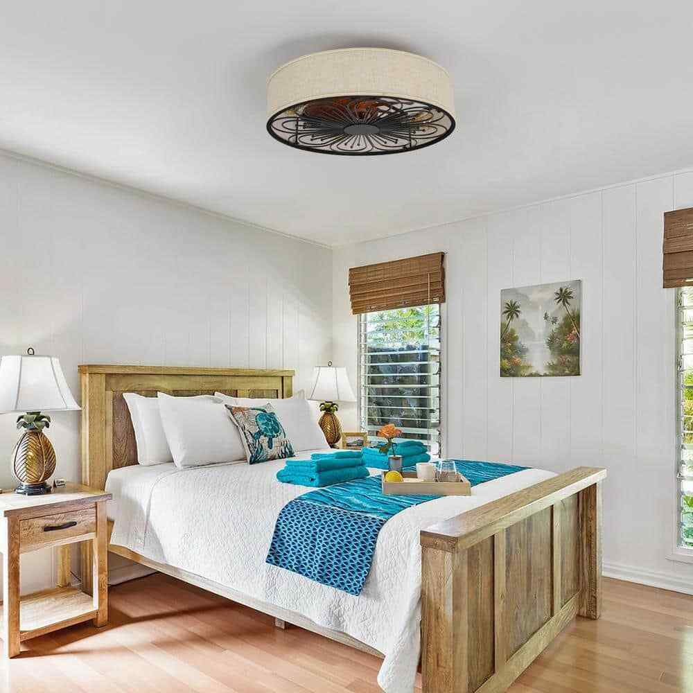 TOZING Indoor Bronze Fabric Farmhouse Flush Ceiling Fan w/ Light Kit and Remote