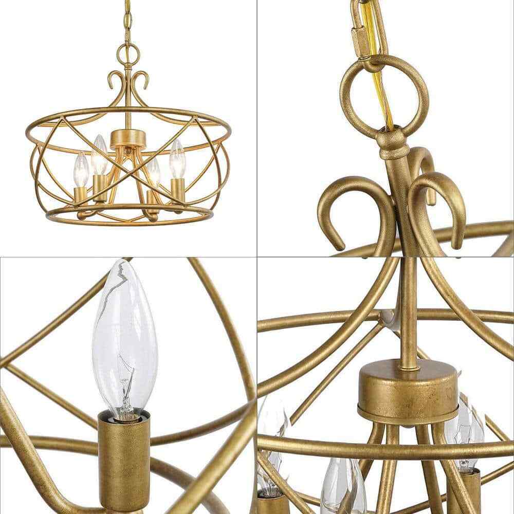 Uolfin Mid-Century Modern Dining Room 4-Light Antique Gold Drum Chandelier
