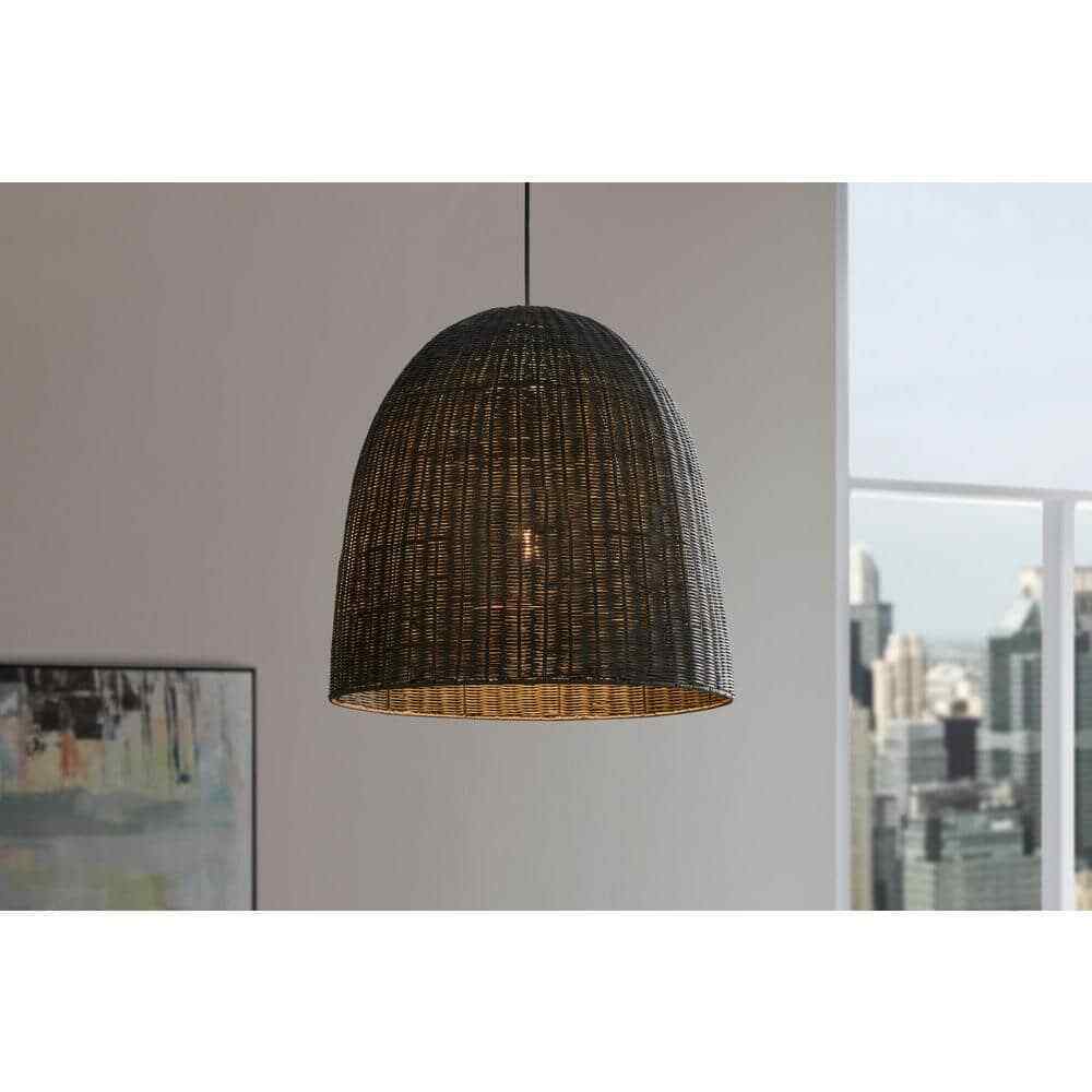 Hampton Bay Highler 1-Light Matte Black Pendant with Matte Black Rattan Shade