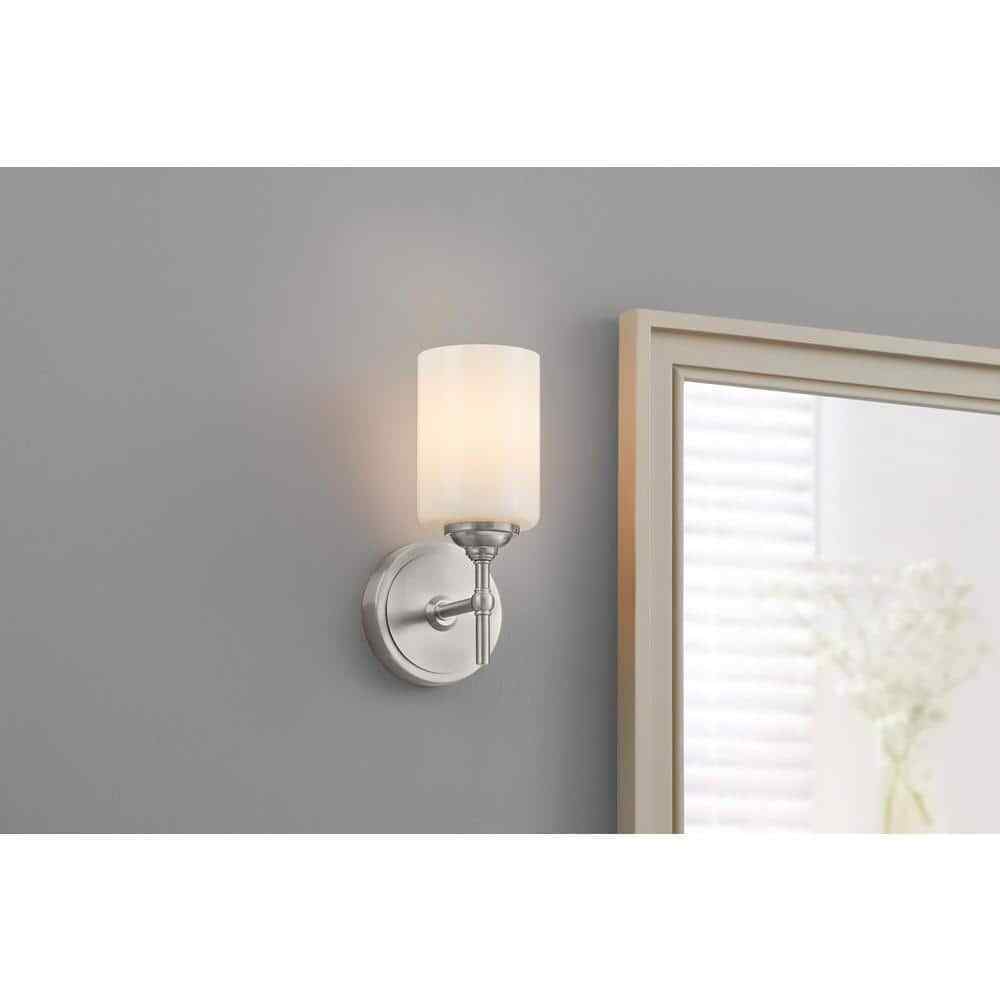 Home Decorators Ayelen 1-Light Brushed Nickel Opal White Glass Wall Sconce