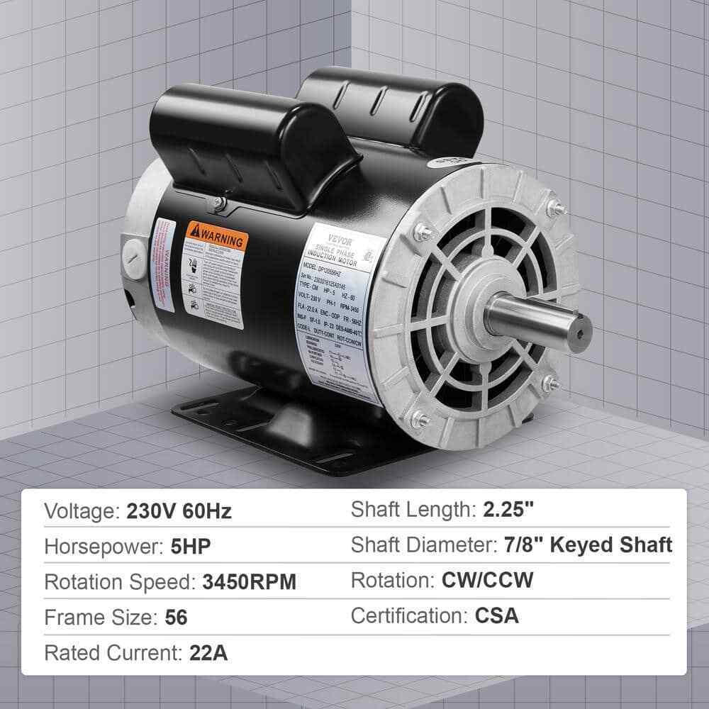 VEVOR 5HP Air Compressor Motor Single Phase Electric Motor Keyed shaft 230V