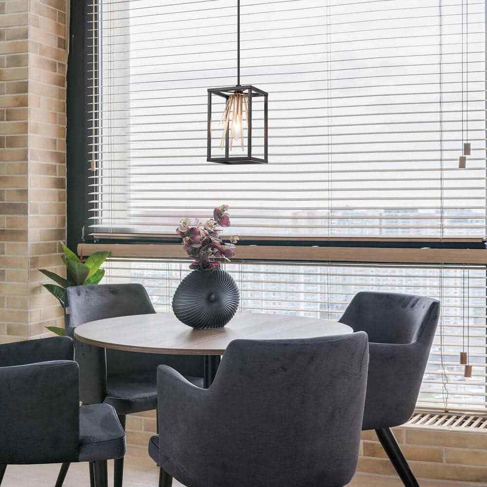 Uolfin Modern Cage Dining Room Pendant Light 1-Light Black and Brass Lantern