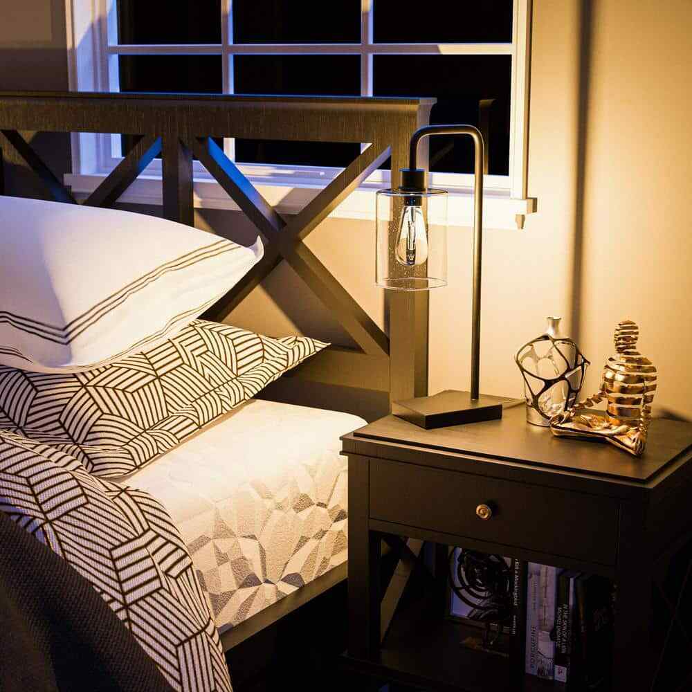 Hampton Bay Andra 22.5 in. Black Desk Lamp with Seeded Glass Shade and USB Port