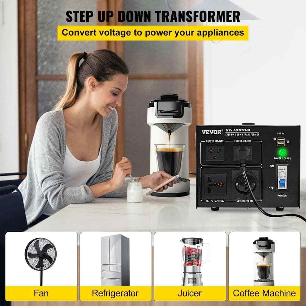 VEVOR Voltage Converter 1000-Watt 110-Volt/240-Volt US/EU Outlet USB Port