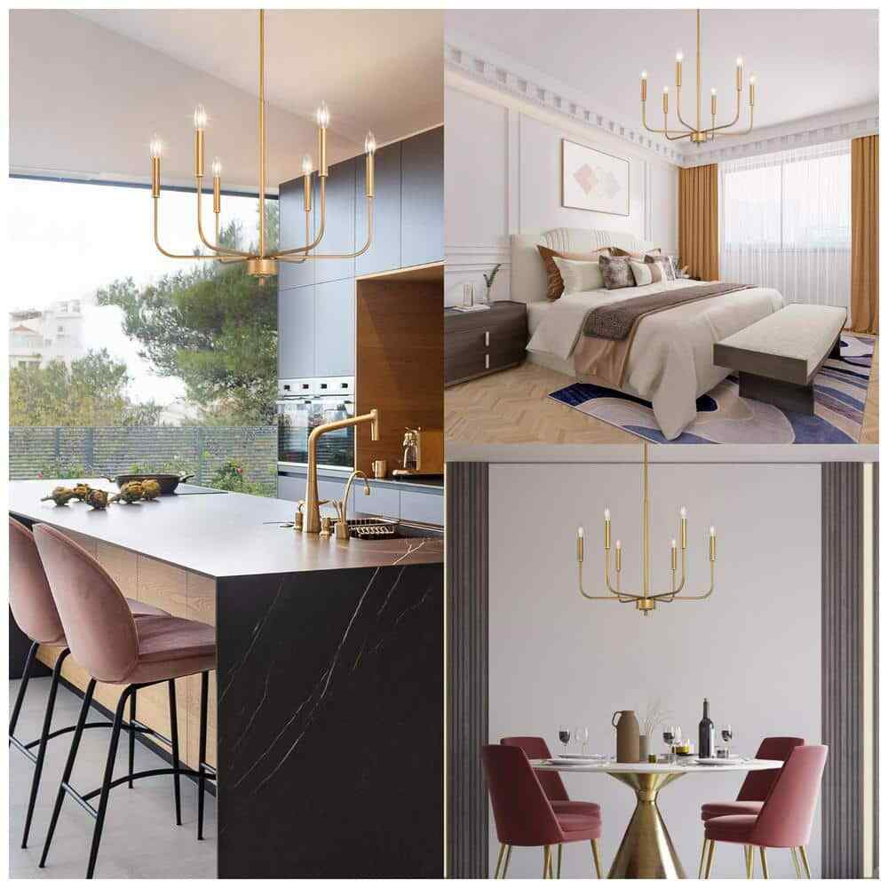 Uolfin Modern Dark Gold Linear Chandelier, 6-Light Candlestick Pendant Light