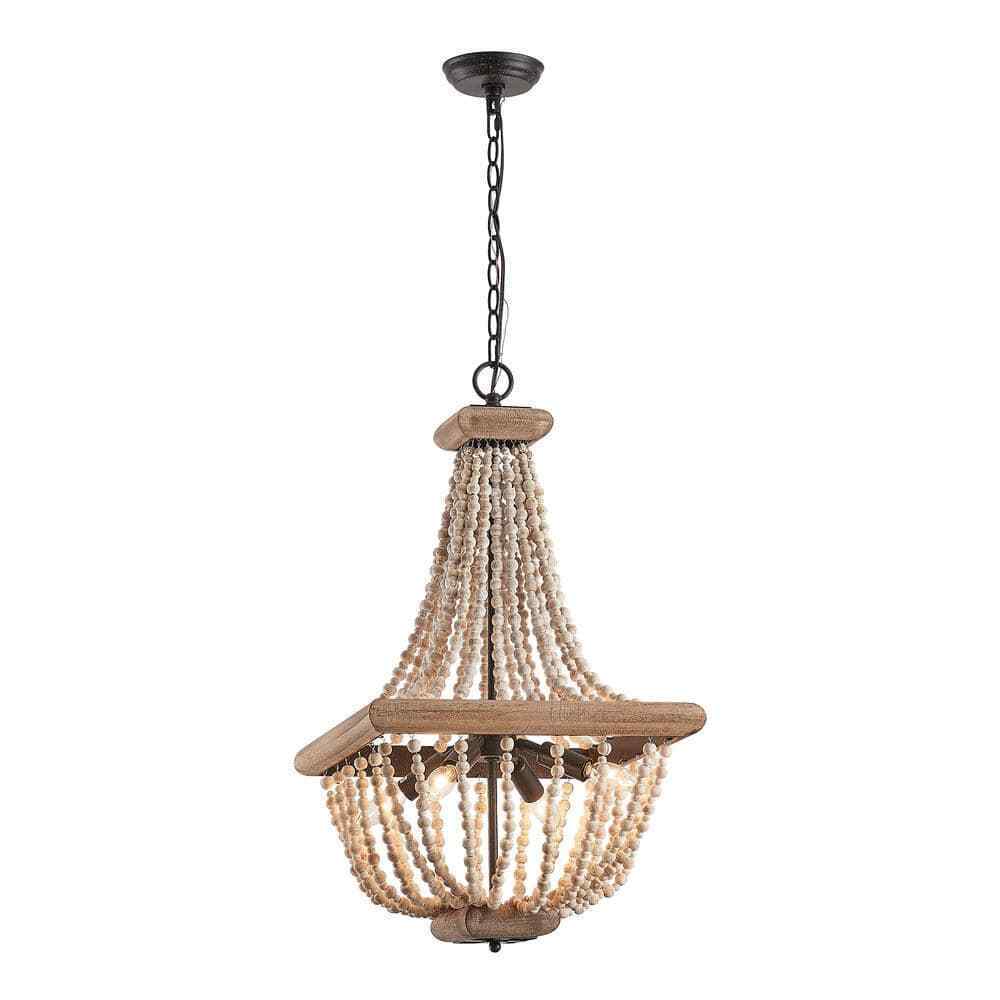 Parrot Uncle Regas 4-Light Farmhouse Weathered Wood Bead Candle Style Chandelier