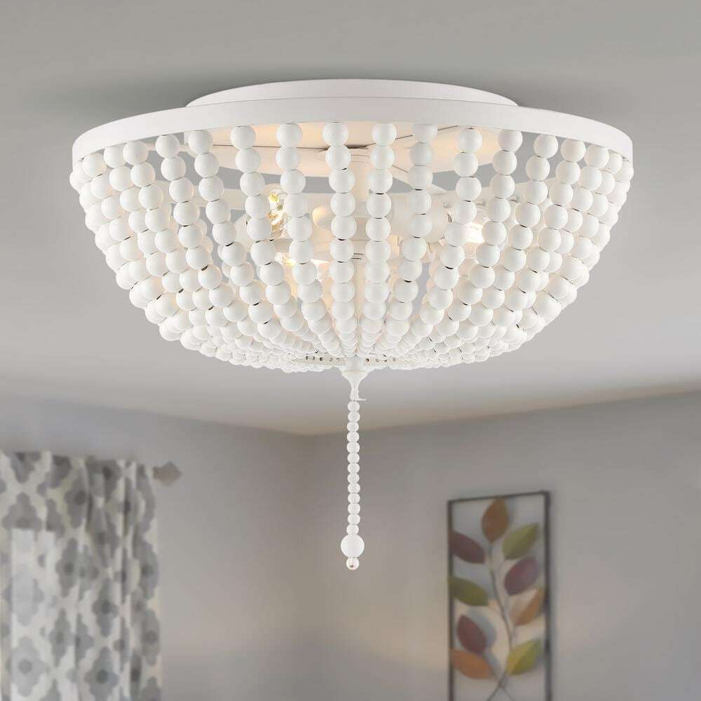 JONATHAN Y Allison 15 in. White Wood Beaded/Metal LED Flush Mount JYL9019D