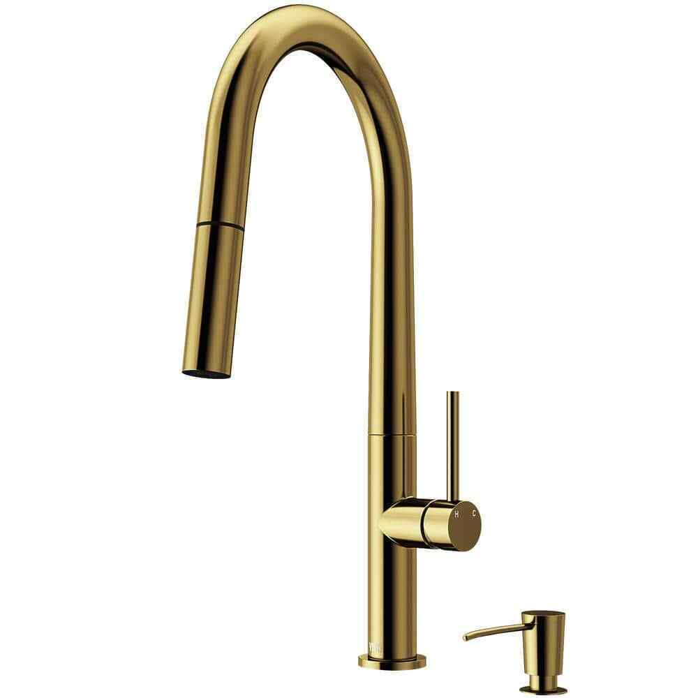 VIGO Greenwich Pull-Down Sprayer Kitchen Faucet w/ Soap Dispenser Brushed Gold