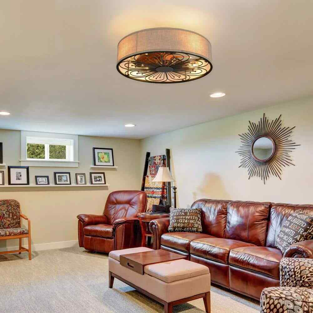 TOZING Indoor Bronze Fabric Farmhouse Flush Ceiling Fan w/ Light Kit and Remote