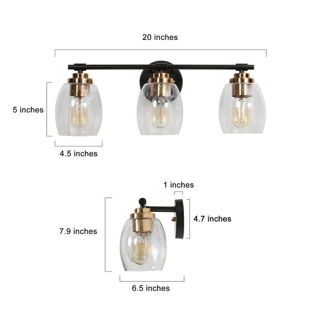 Uolfin Black Vanity Light 24.4 in. 3-Light Brass Gold Bell Vanity w/Seeded Glass