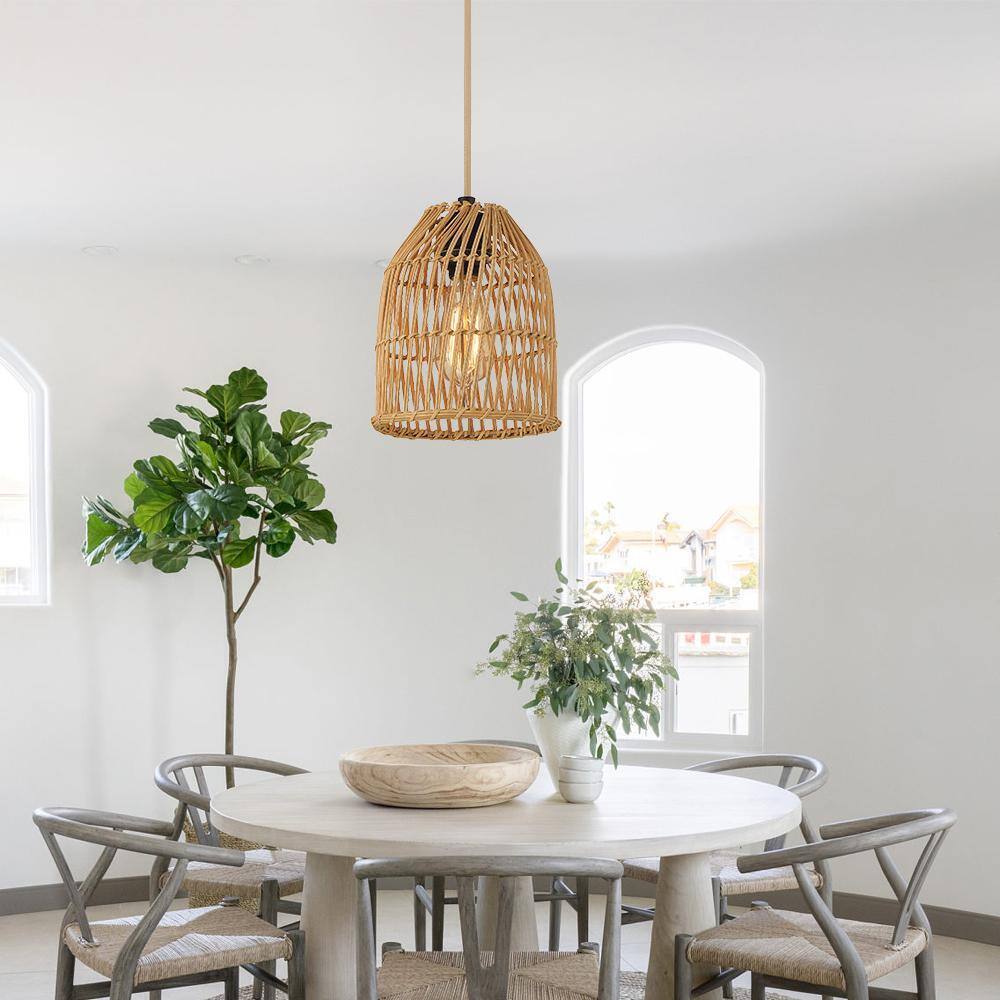 Cinkeda 1-Light Brown Bowl Pendant Light with Natural Rattan Shape DD-79