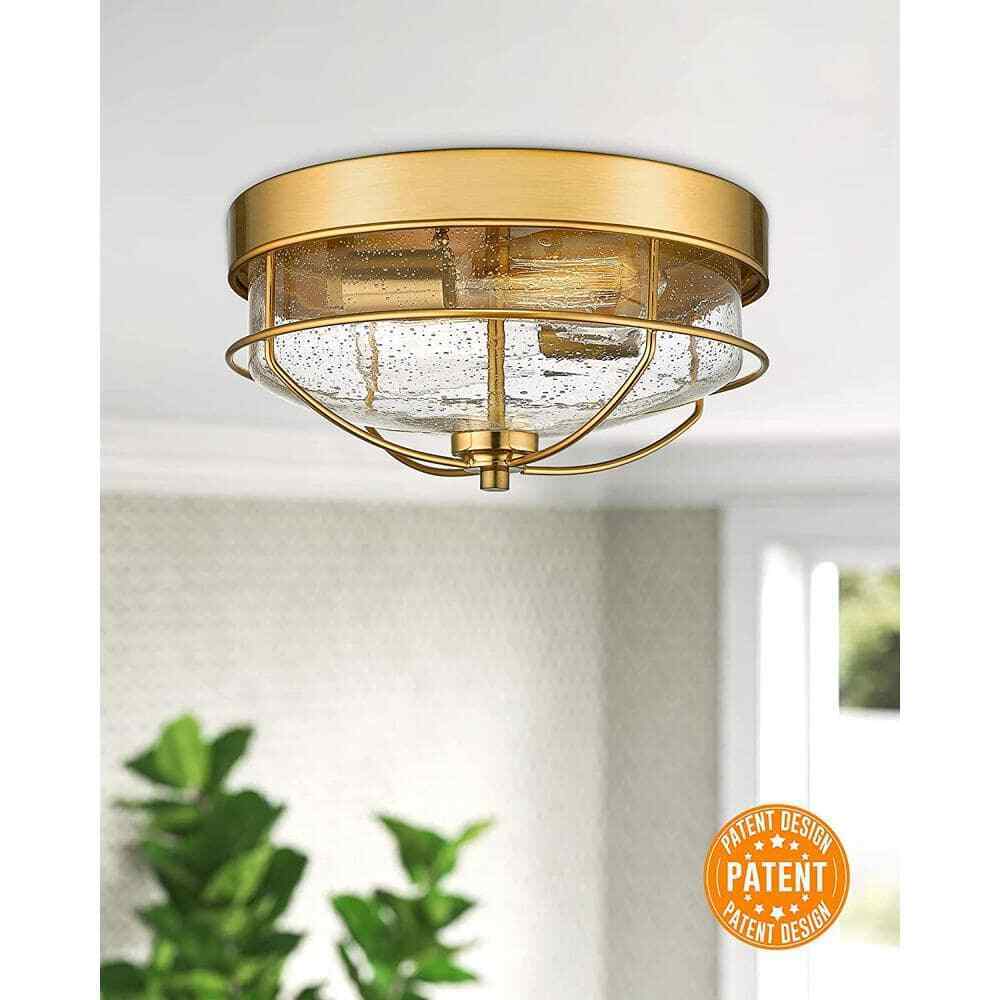 JAZAVA 12 in. 2-Light Farmhouse Champagne Gold Finish Ceiling Light Flush Mount