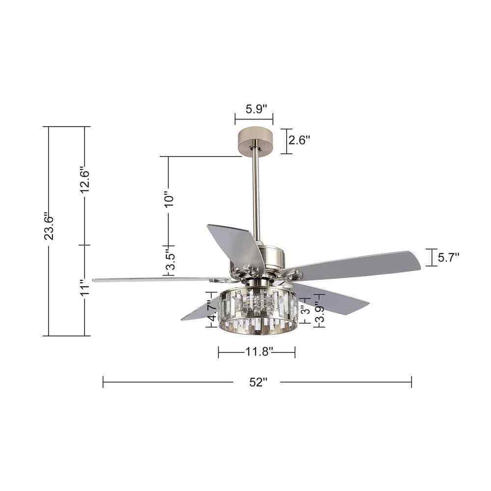 Breezary Sergio 52 in. Indoor Crystal Satin Nickel Ceiling Fan w/ Remote + Light