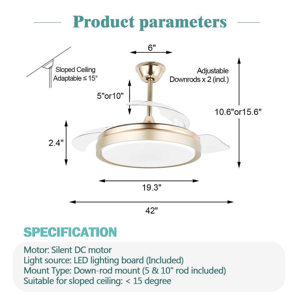 Oaks Aura Oaksville 42in. LED Indoor French Gold 6-Speed Retractable Ceiling Fan