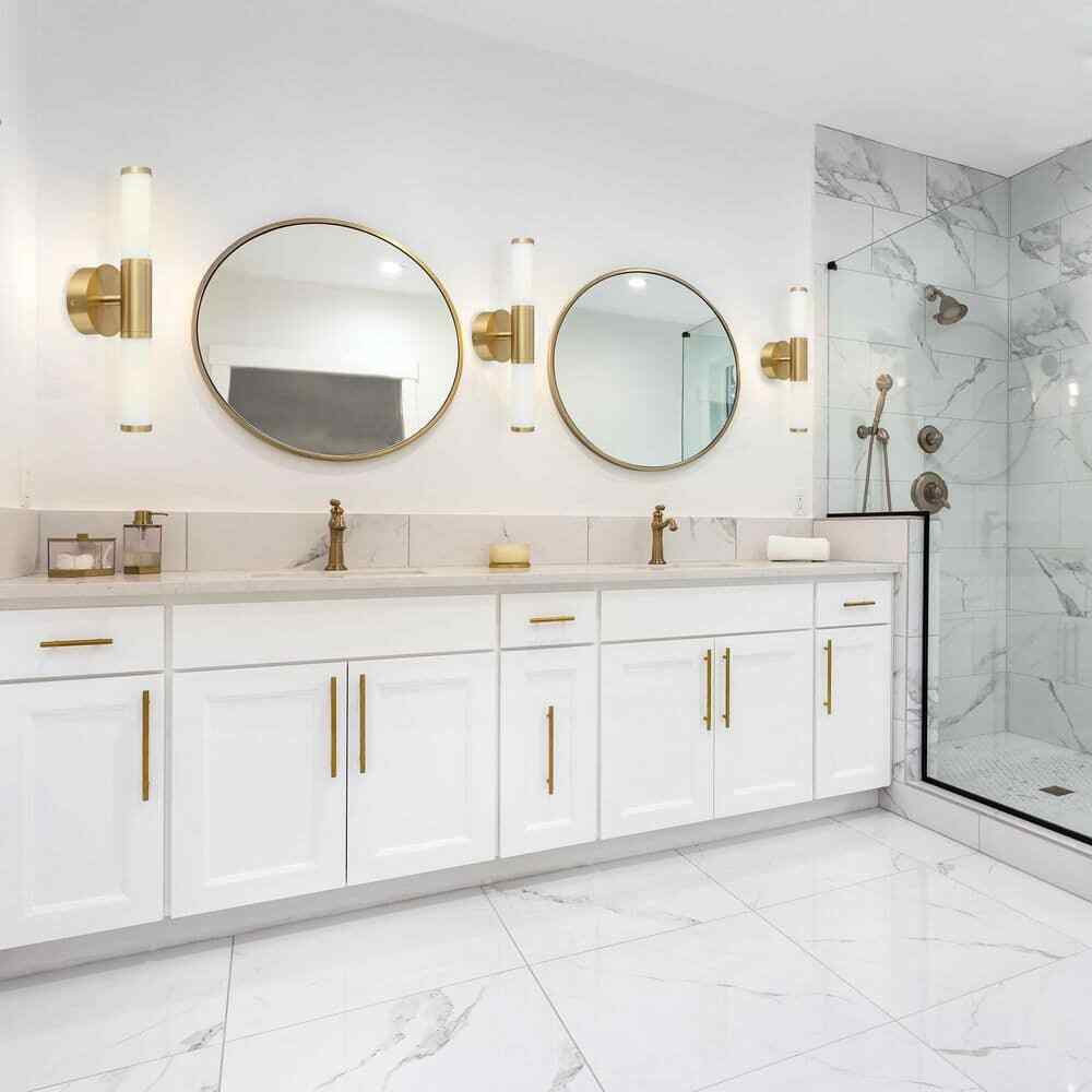 Eglo Palmera Brushed Gold LED Bathroom Vanity Light with Etched Glass Shades