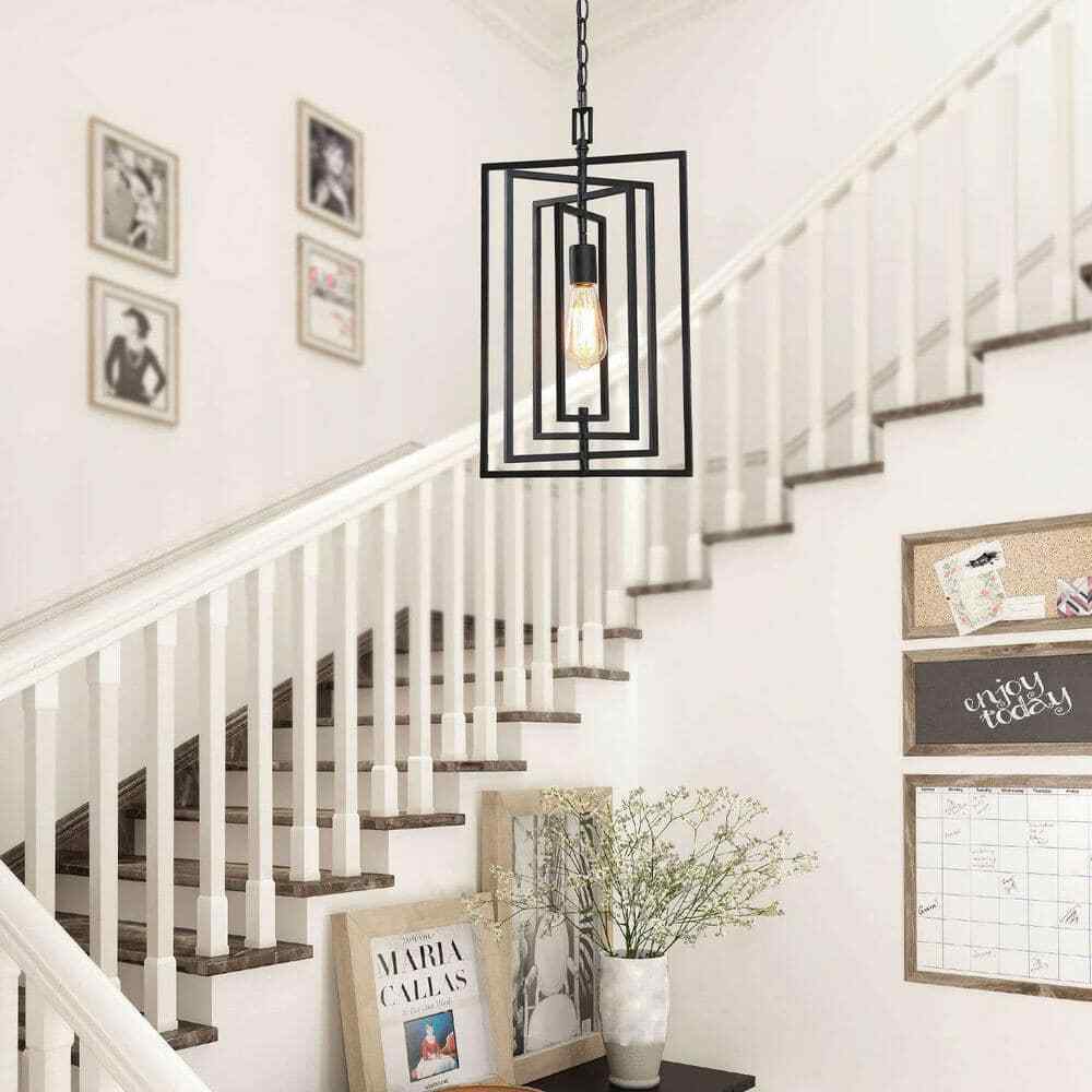 Uolfin 1-Light Black Geometric Light Fixture for Kitchen Island with Swing Frame